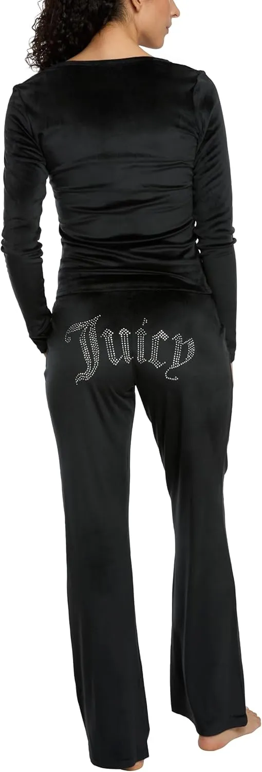 Juicy Couture Women's 2 Piece Velvet Fleece Long Sleeve Scoop Neck Fitted Top and Pants Lounge Sleepwear Set