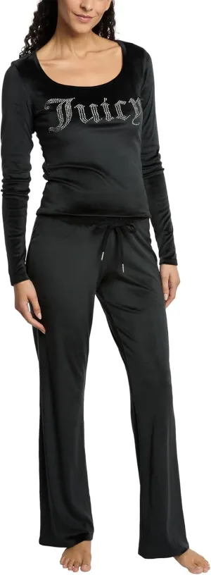 Juicy Couture Women's 2 Piece Velvet Fleece Long Sleeve Scoop Neck Fitted Top and Pants Lounge Sleepwear Set