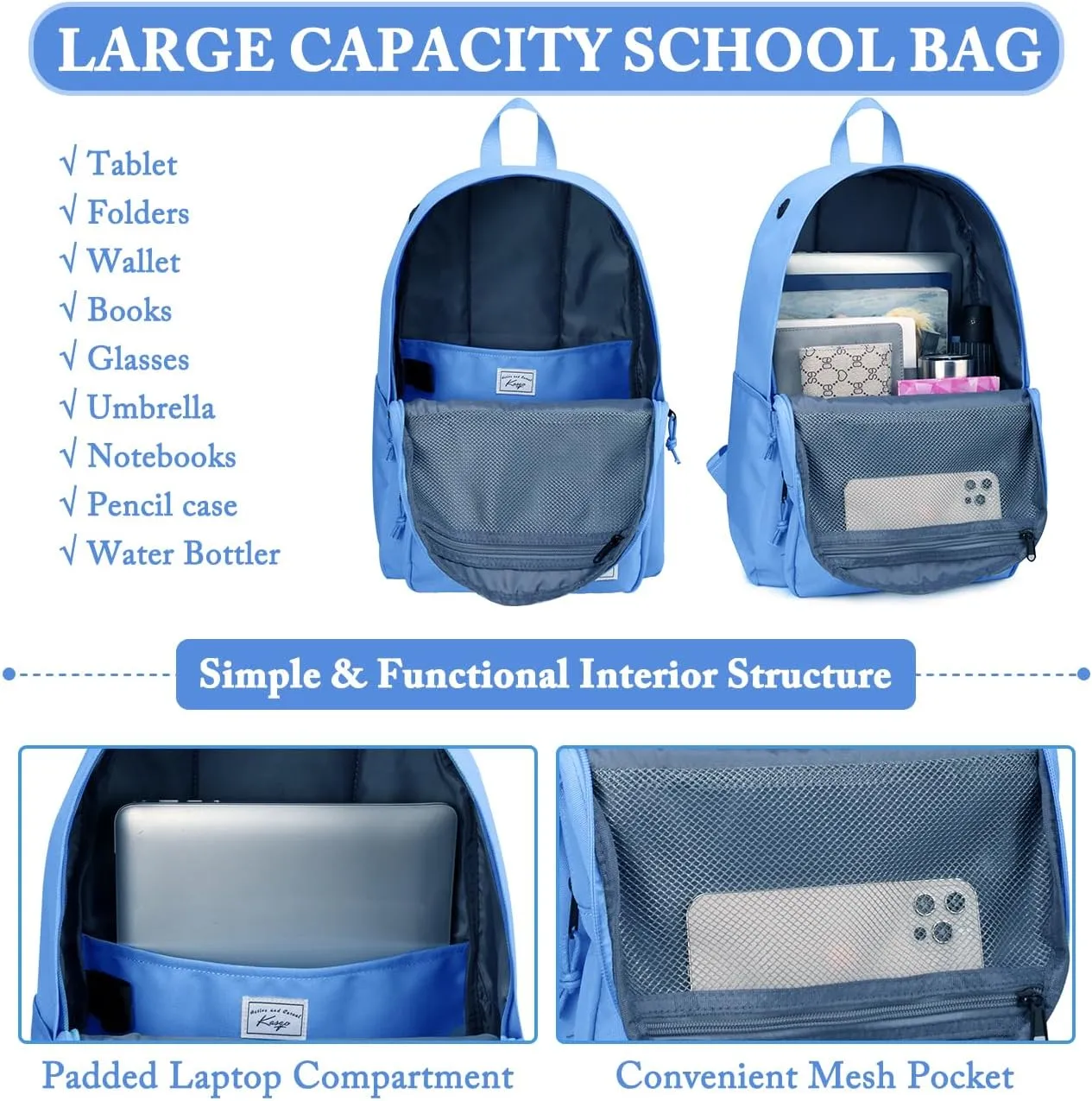 Kasqo School Backpack, 15.6 Inch Casual Lightweight Water-Resistant Backpack Bookbag Daypack for Teens Girls Boys Kids to School, College, Travel, Work, Lightblue