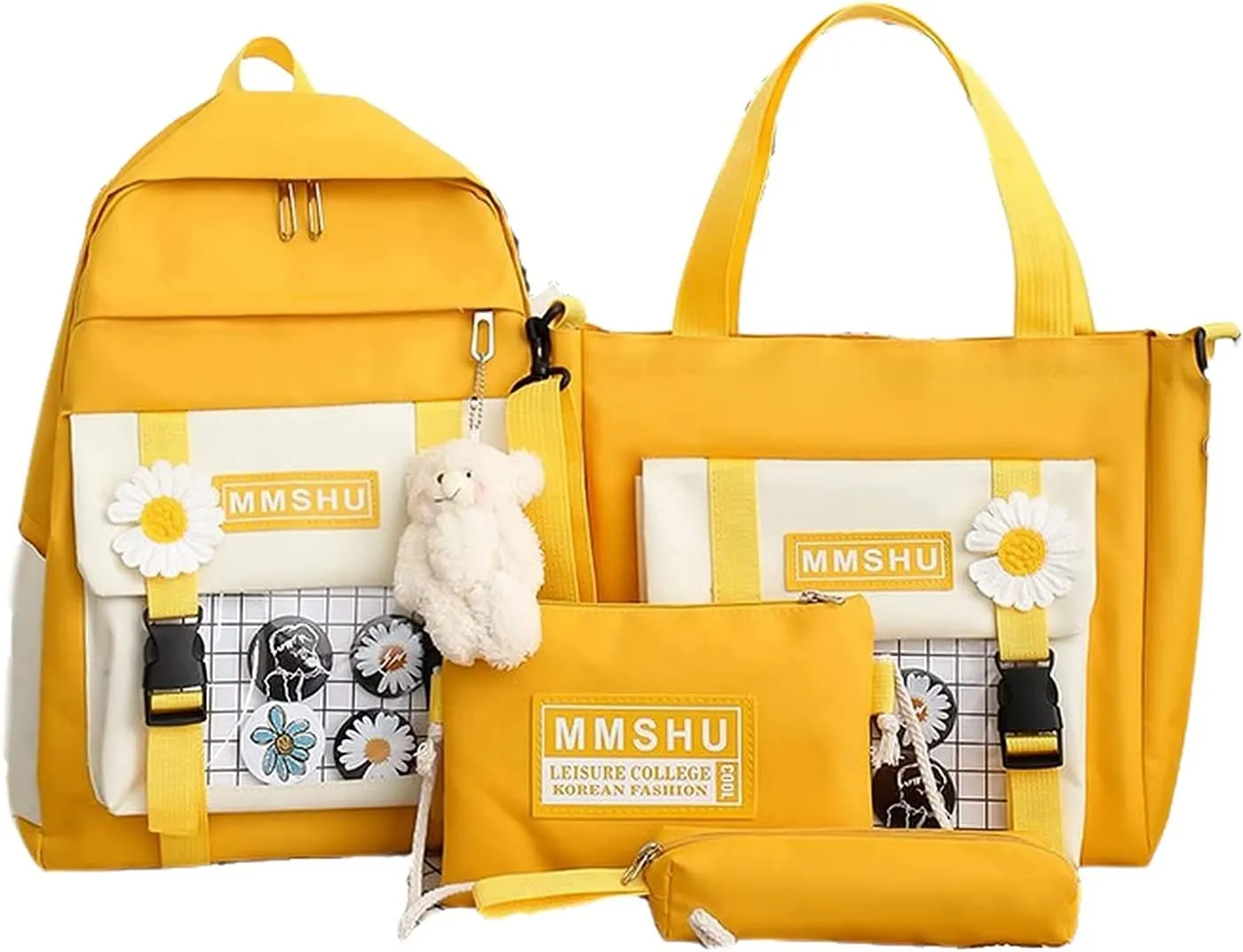 Kawaii School Backpack Sets Canvas Bookbag with Teddy Bear Pendant