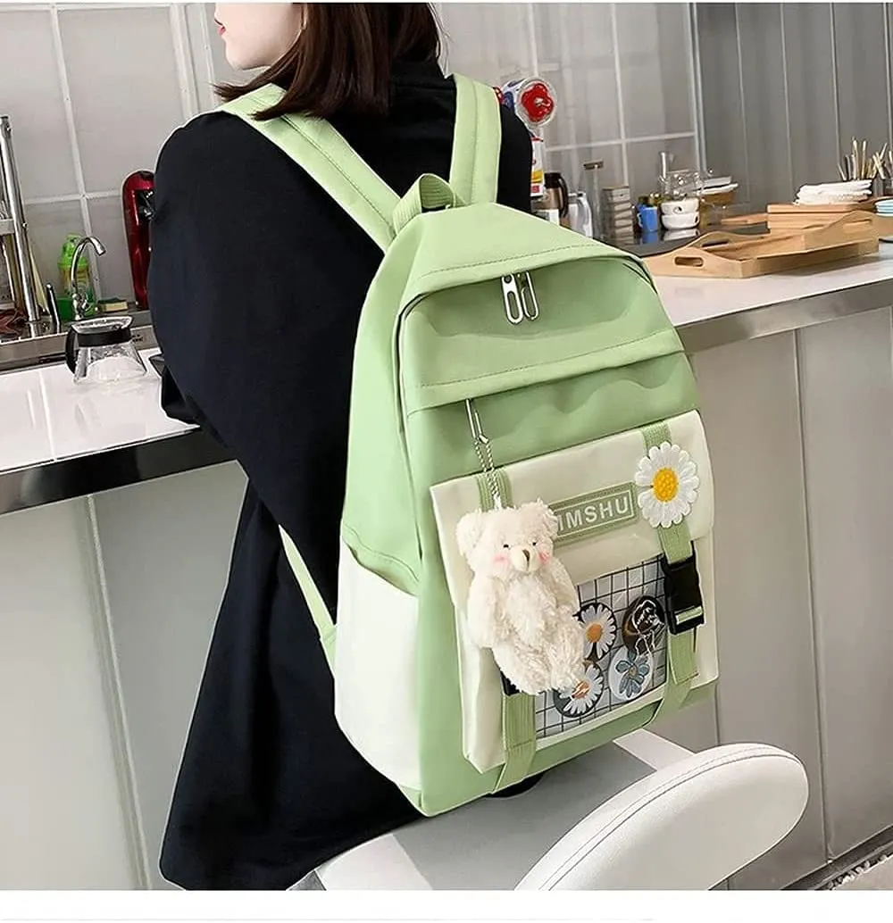 Kawaii School Backpack Sets Canvas Bookbag with Teddy Bear Pendant
