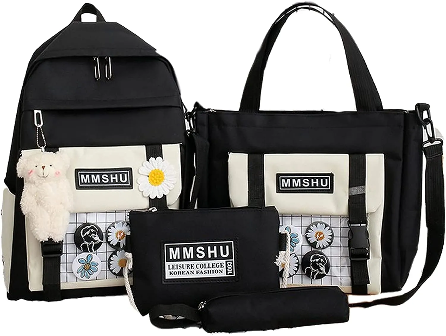 Kawaii School Backpack Sets Canvas Bookbag with Teddy Bear Pendant