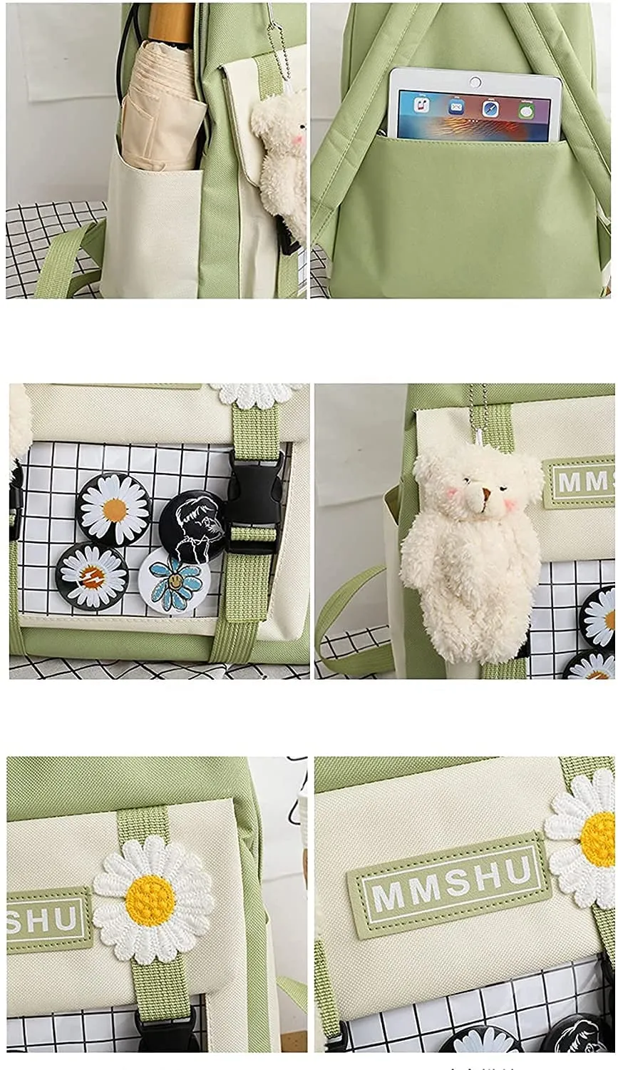 Kawaii School Backpack Sets Canvas Bookbag with Teddy Bear Pendant