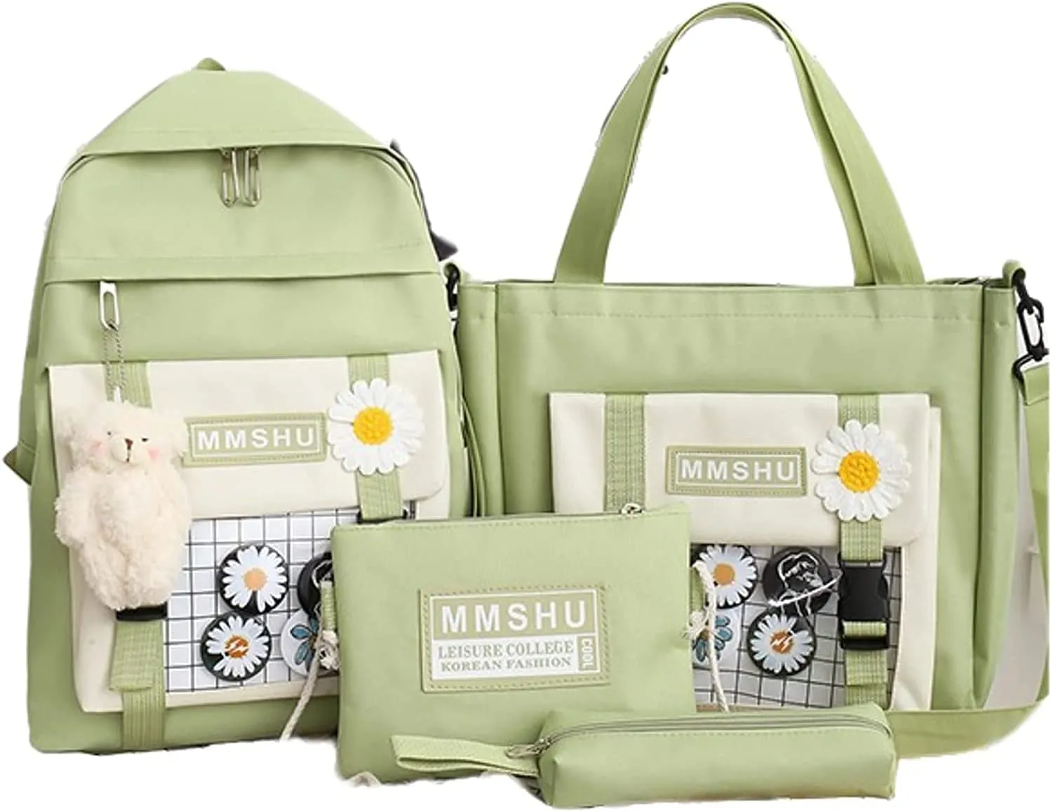 Kawaii School Backpack Sets Canvas Bookbag with Teddy Bear Pendant