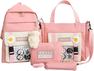 Kawaii School Backpack Sets Canvas Bookbag with Teddy Bear Pendant
