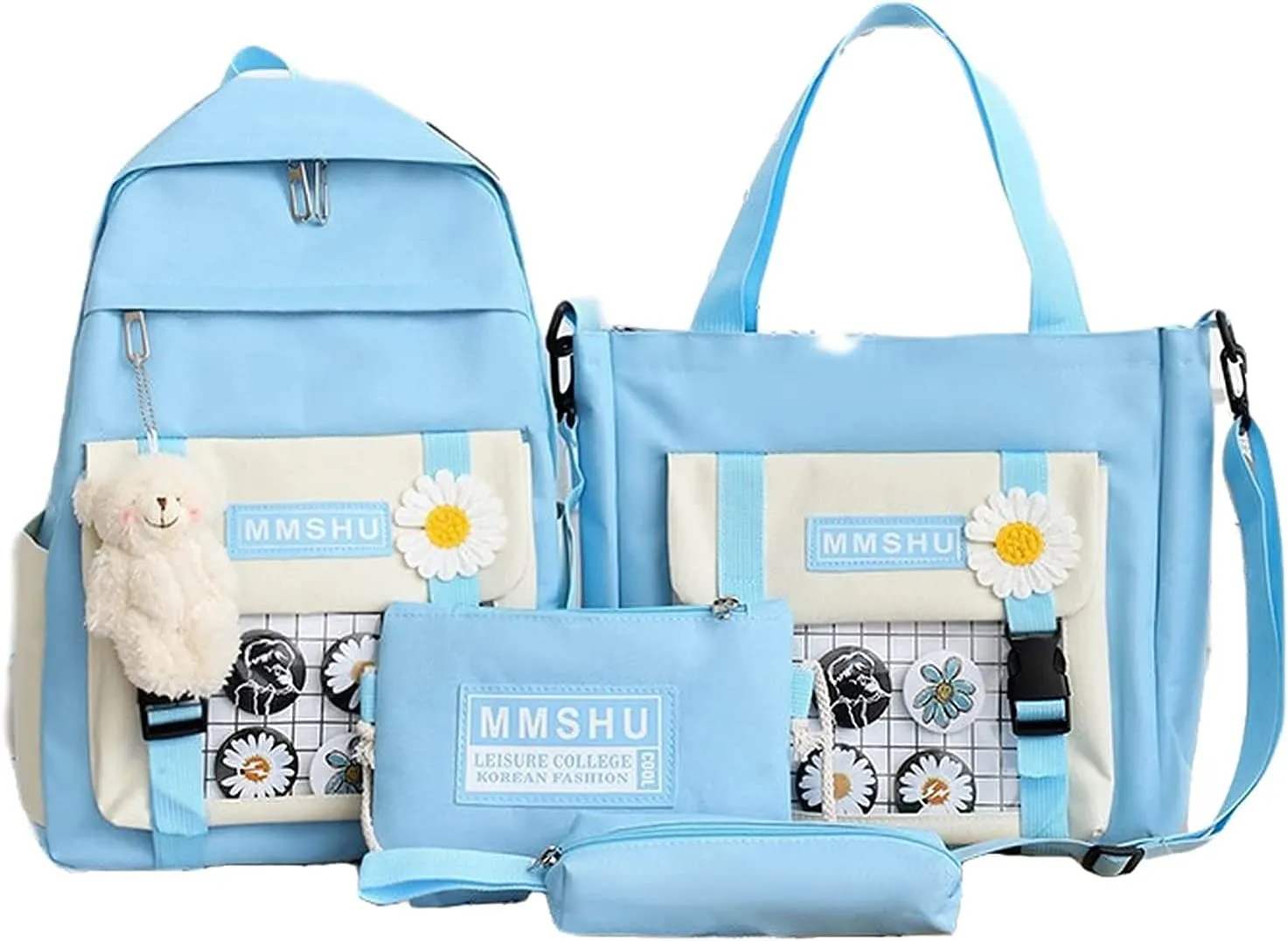 Kawaii School Backpack Sets Canvas Bookbag with Teddy Bear Pendant
