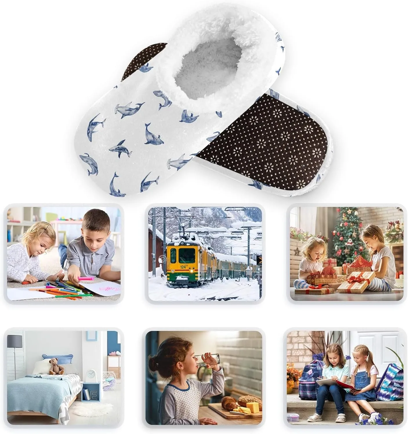 Kids Winter Slippers Marine Whales Dolphin and Shark Warm Soft Non Slip House Slippers for Boys Girls Indoor