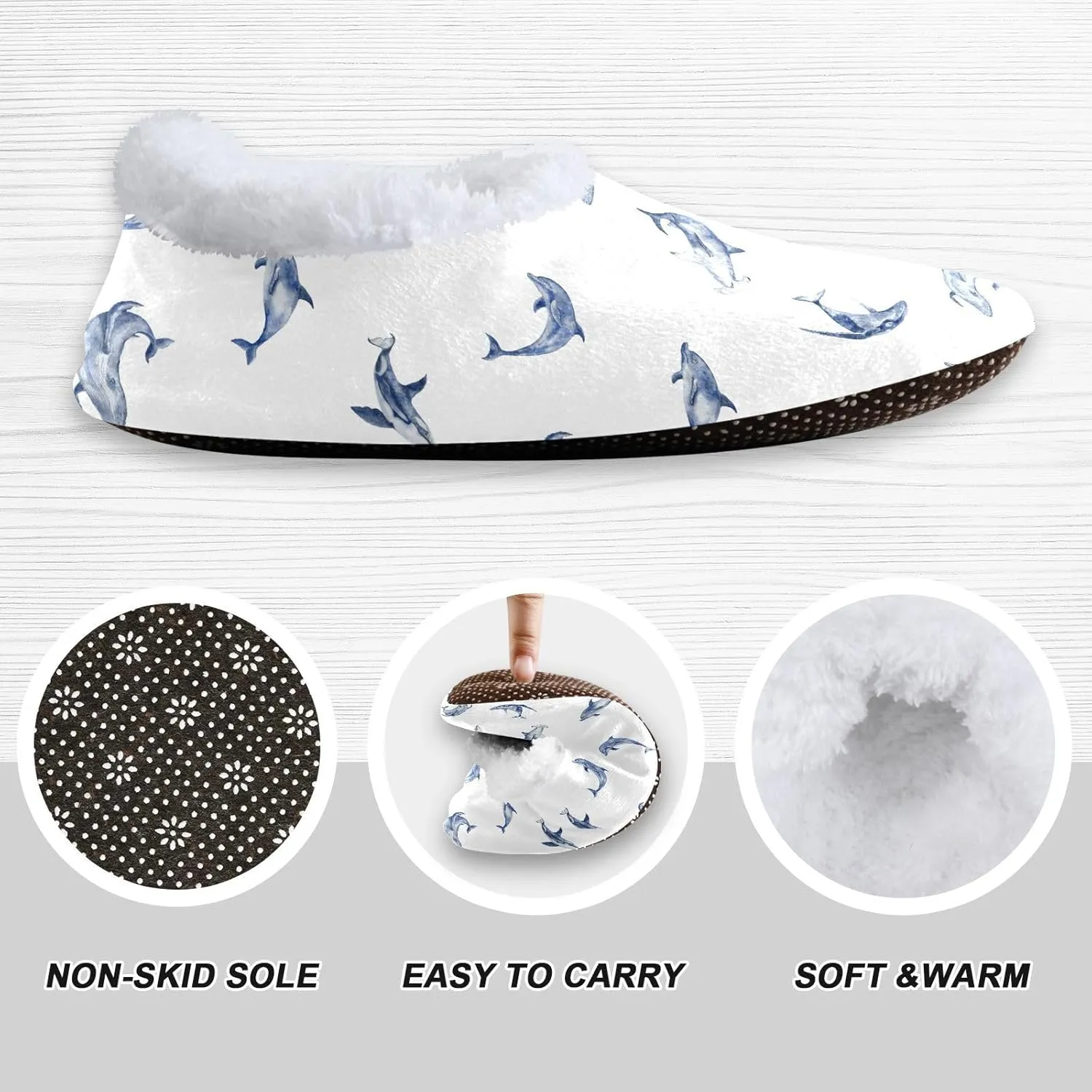 Kids Winter Slippers Marine Whales Dolphin and Shark Warm Soft Non Slip House Slippers for Boys Girls Indoor