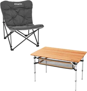 KingCamp Padded Oversized Camping Chair Bamboo Folding Table Lightweight Camping Table with Storage Mesh Layer 4-Folds Portable Picnic Camp Table Sturdy Adjustable Height Aluminum Legs