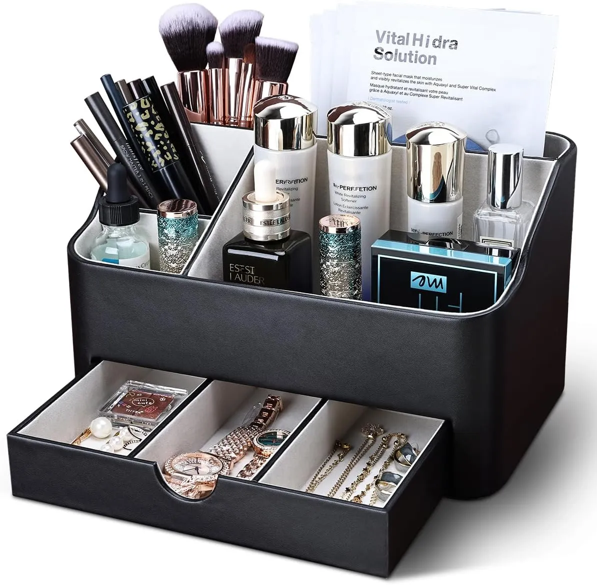 KINGFOM Leather Makeup Organizer with Drawer, Cosmetic Storage for Dresser Countertop and Bathroom Vanity, Beauty Holder for Lipstick Brush Skincare (Black)