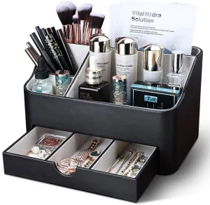 KINGFOM Leather Makeup Organizer with Drawer, Cosmetic Storage for Dresser Countertop and Bathroom Vanity, Beauty Holder for Lipstick Brush Skincare (Black)