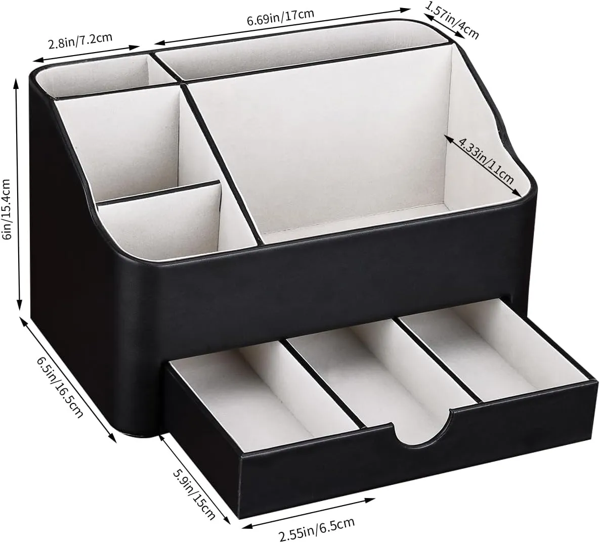KINGFOM Leather Makeup Organizer with Drawer, Cosmetic Storage for Dresser Countertop and Bathroom Vanity, Beauty Holder for Lipstick Brush Skincare (Black)
