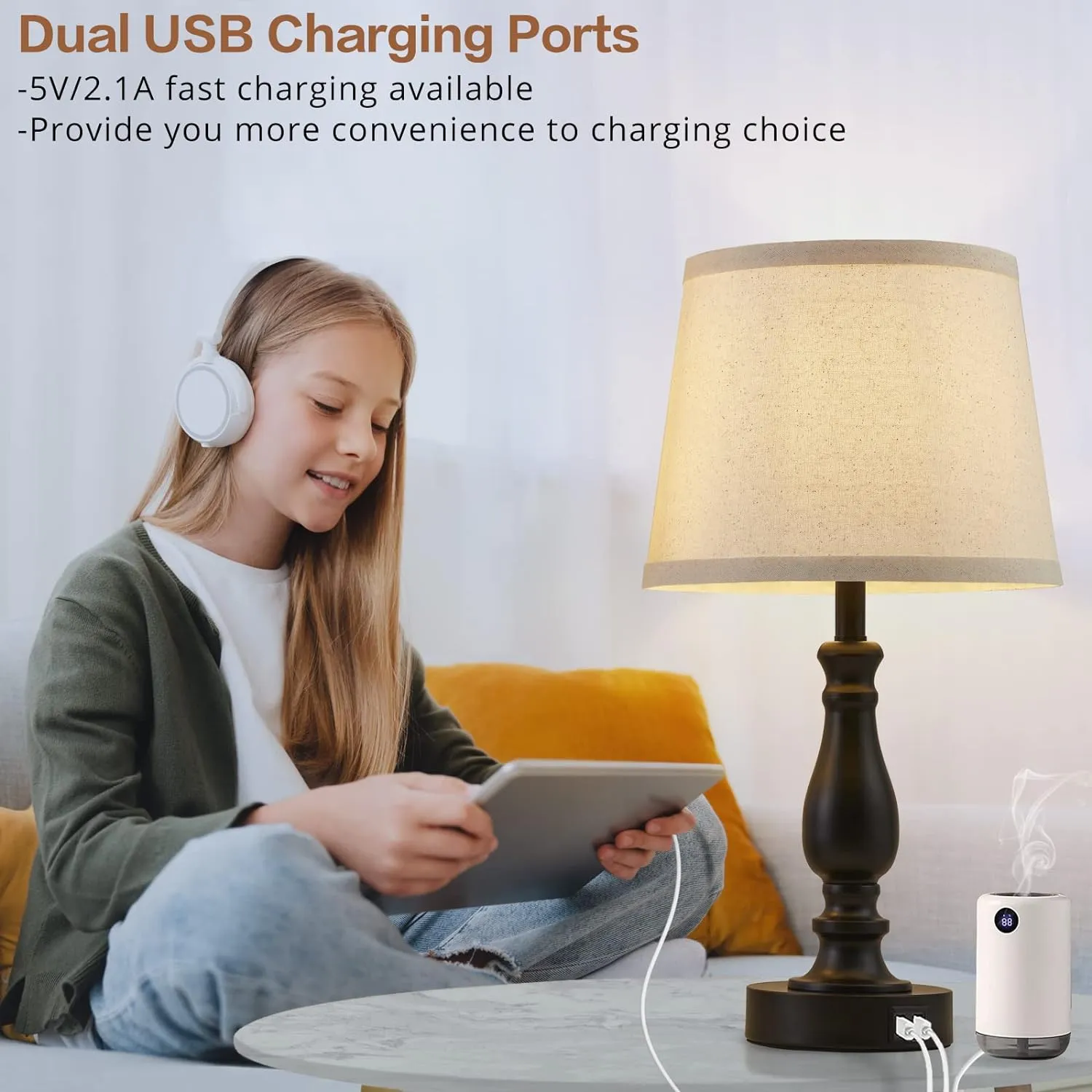 Lamps for Bedrooms Set of 2, Touch Bedside Table Lamp with USB Ports, 3 Way Dimmable Nightstand Lamps with Round Fabric Linen Lampshade for Living Room Reading Bed Side End Table, Bulbs Included