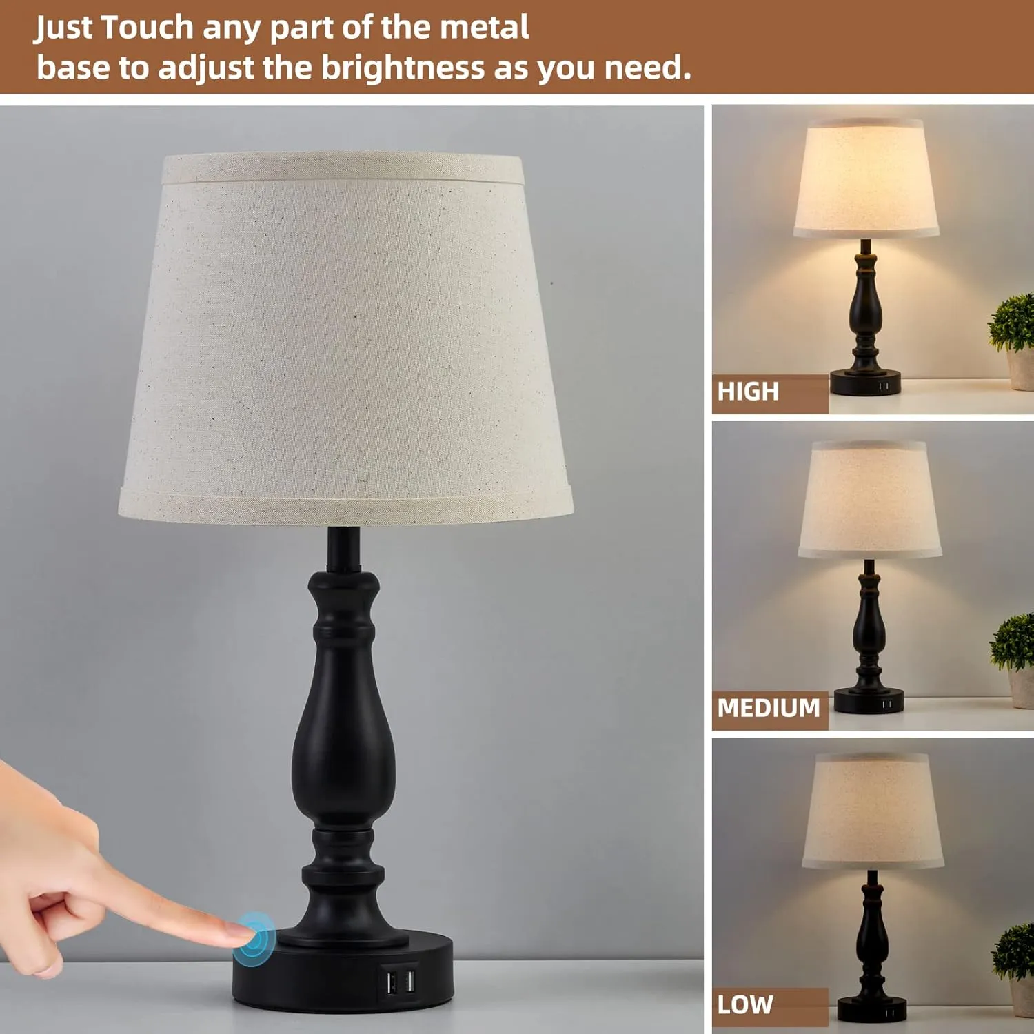 Lamps for Bedrooms Set of 2, Touch Bedside Table Lamp with USB Ports, 3 Way Dimmable Nightstand Lamps with Round Fabric Linen Lampshade for Living Room Reading Bed Side End Table, Bulbs Included