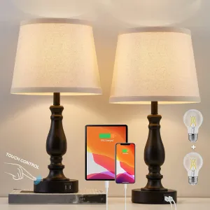 Lamps for Bedrooms Set of 2, Touch Bedside Table Lamp with USB Ports, 3 Way Dimmable Nightstand Lamps with Round Fabric Linen Lampshade for Living Room Reading Bed Side End Table, Bulbs Included