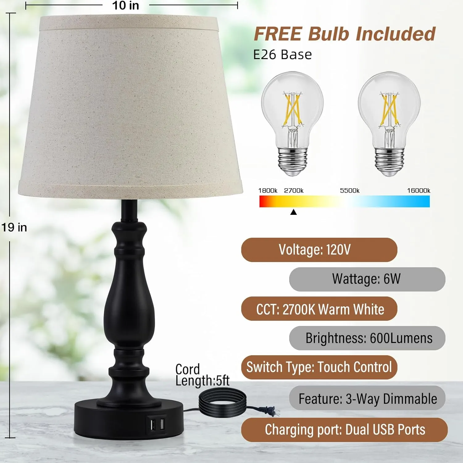 Lamps for Bedrooms Set of 2, Touch Bedside Table Lamp with USB Ports, 3 Way Dimmable Nightstand Lamps with Round Fabric Linen Lampshade for Living Room Reading Bed Side End Table, Bulbs Included