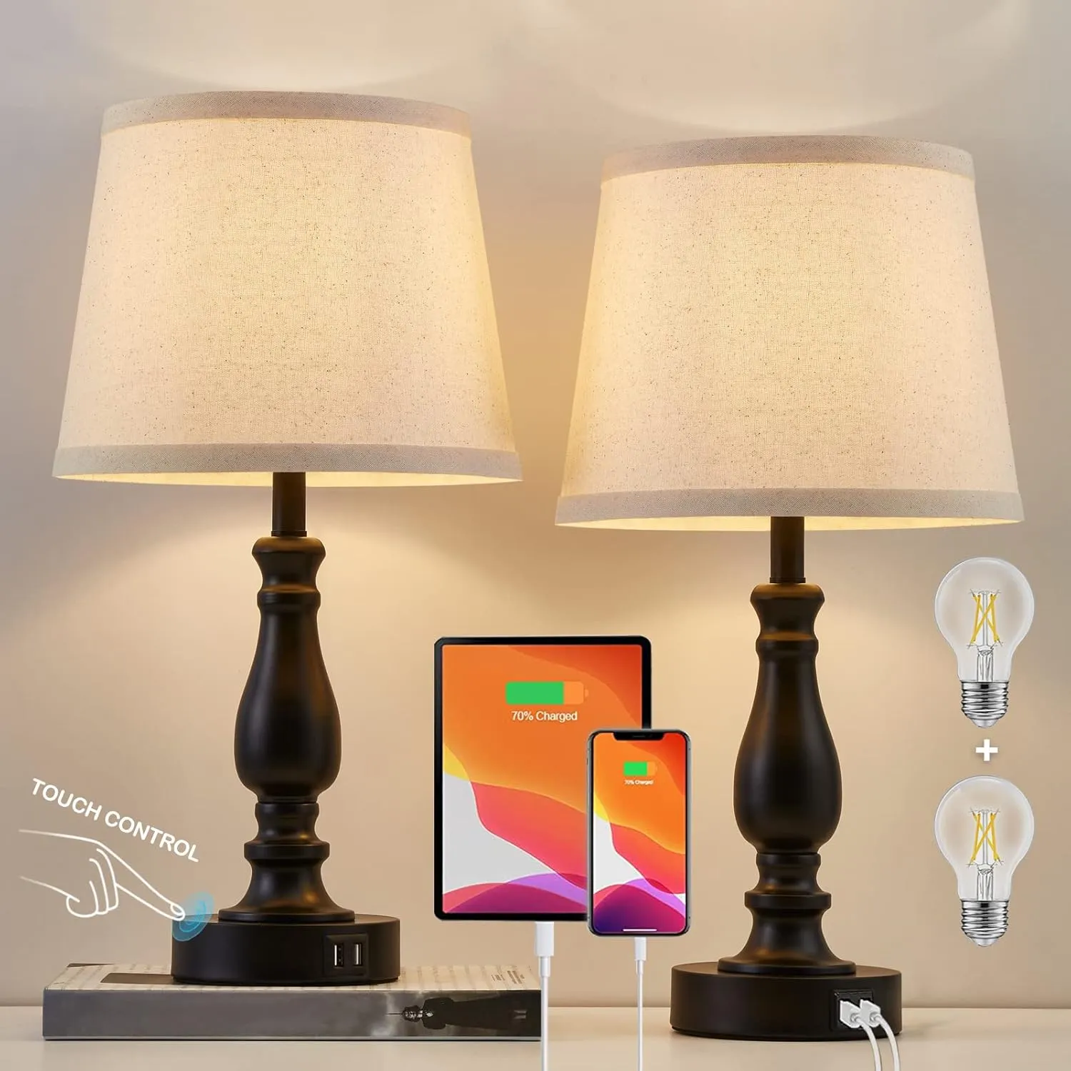 Lamps for Bedrooms Set of 2, Touch Bedside Table Lamp with USB Ports, 3 Way Dimmable Nightstand Lamps with Round Fabric Linen Lampshade for Living Room Reading Bed Side End Table, Bulbs Included