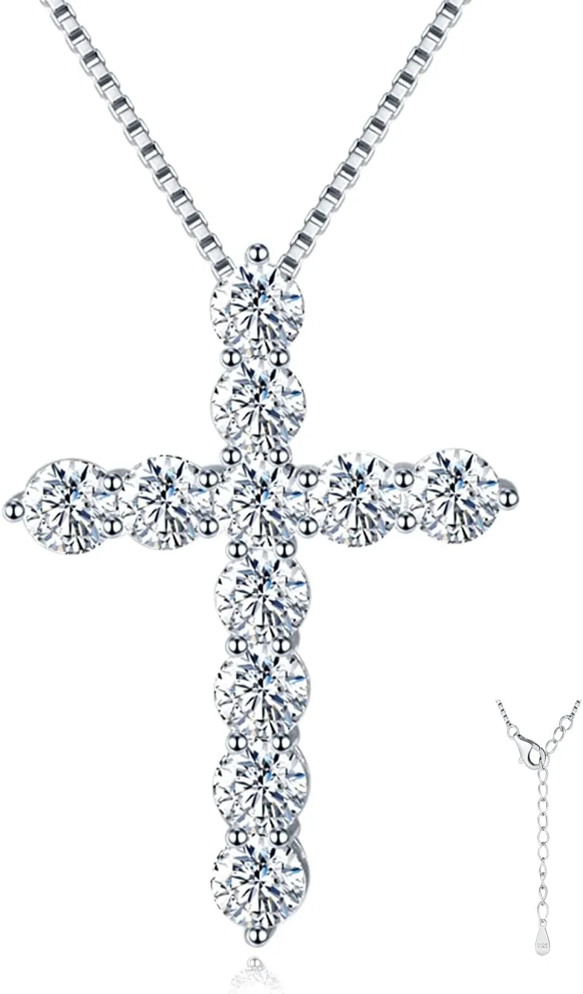 LANE WOODS Simulated Diamond Moissanite Cross Necklace 18k White Gold Plated Sterling Silver - Cross Pendant for Men Women Fine Jewelry Gifts