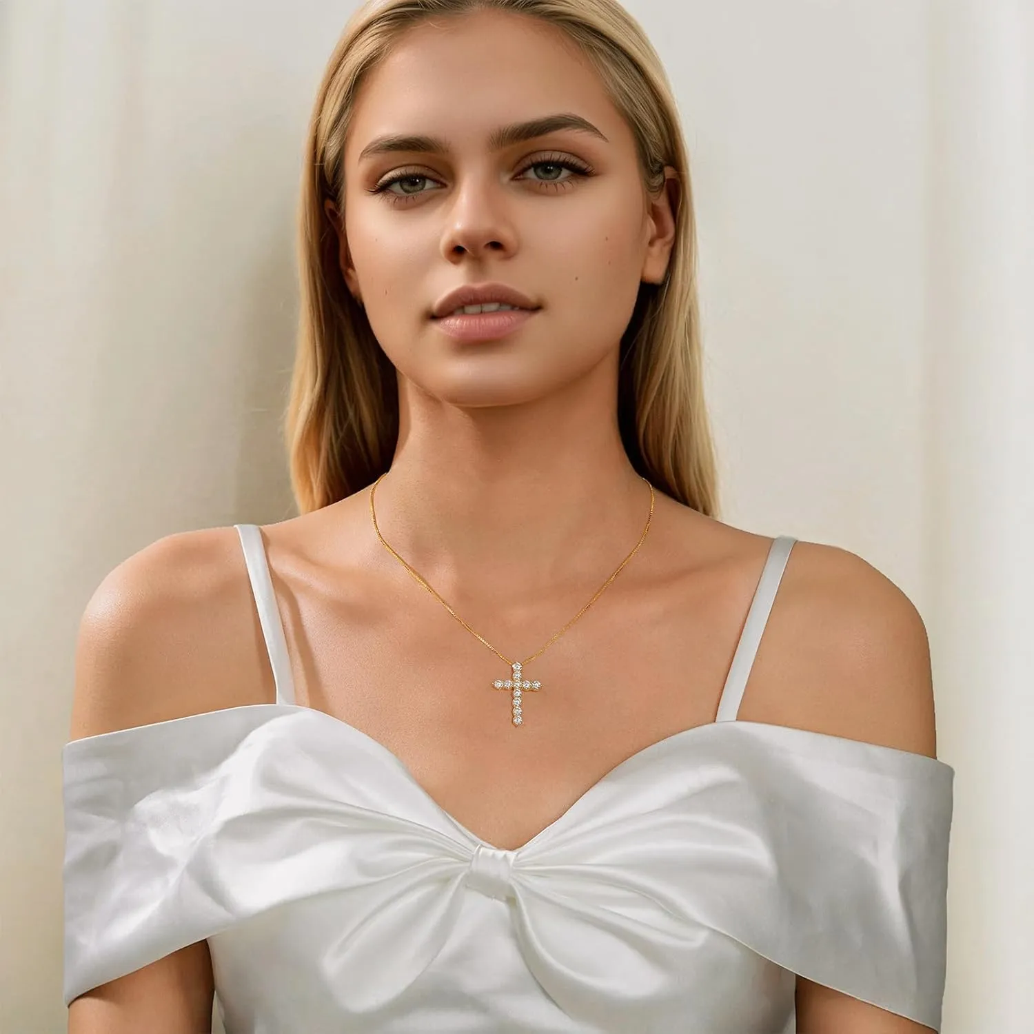 LANE WOODS Simulated Diamond Moissanite Cross Necklace 18k White Gold Plated Sterling Silver - Cross Pendant for Men Women Fine Jewelry Gifts