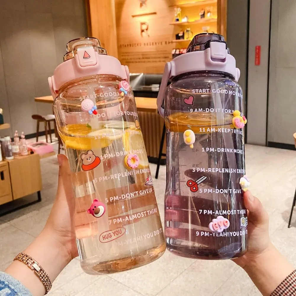 Large Kawaii Clear Gallon Water Bottle with Time Marker and Straw 70oz Kawaii Water Bottle with and Resin Stickers Portable Giant Drinking Bottle for School Sports Yoga Spill Proof Water Jug (Pink)