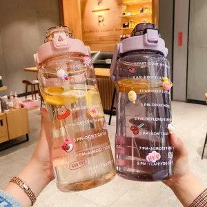 Large Kawaii Clear Gallon Water Bottle with Time Marker and Straw 70oz Kawaii Water Bottle with and Resin Stickers Portable Giant Drinking Bottle for School Sports Yoga Spill Proof Water Jug (Pink)