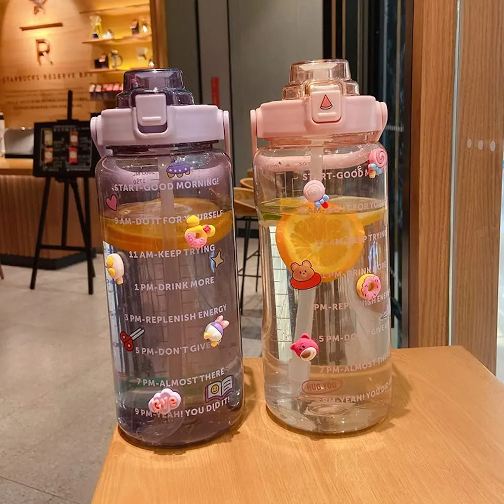 Large Kawaii Clear Gallon Water Bottle with Time Marker and Straw 70oz Kawaii Water Bottle with and Resin Stickers Portable Giant Drinking Bottle for School Sports Yoga Spill Proof Water Jug (Pink)