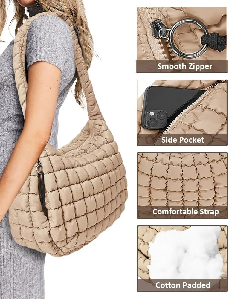 LaurelTree Quilted Puffer Crossbody Bag Lightweight Nylon Puffer Tote Bags Puffy Shoulder Bag Carryall Hobo Bags for Women