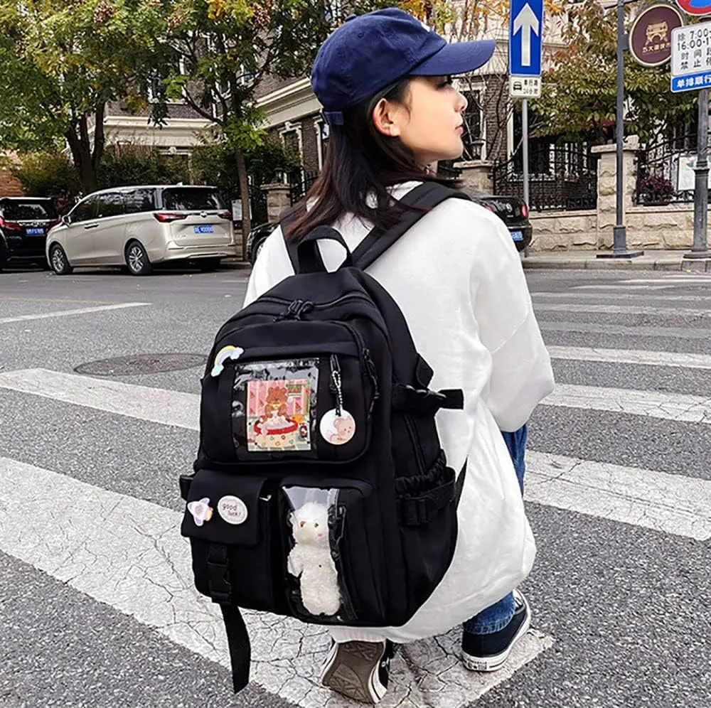 LELEBEAR Kawaii Backpack, Cute Bookbags With Kawaii Pin And Accessories (Black)