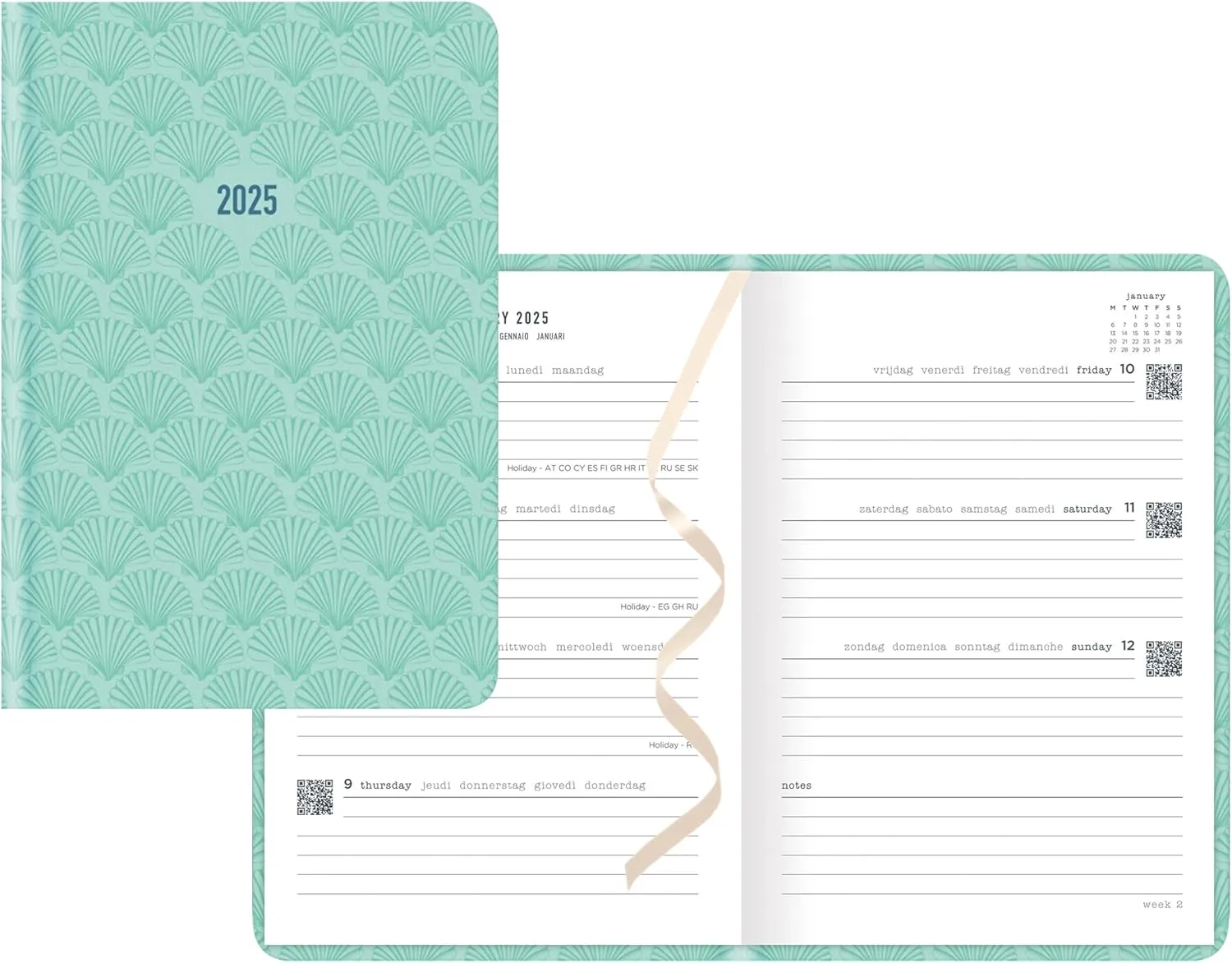 Letts of London® By the Sea 2025 Weekly/Monthly Planner, 12 Months, January to December, Sewn Binding, A5 Size, 8.25" x 5.875", Multilingual, Aquamarine (C082477-25)
