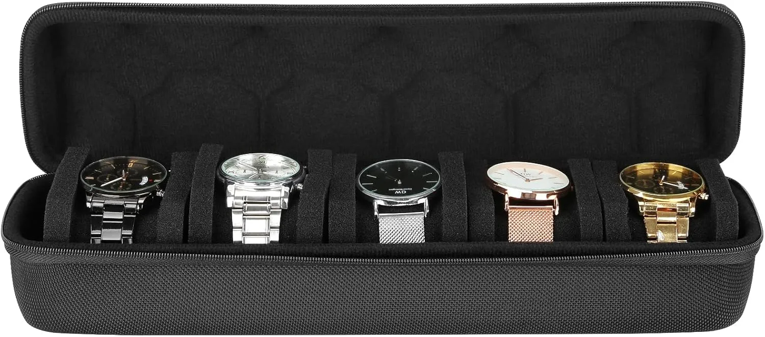 LETURE 2-10 Slot Hard Watch Travel Case, Watch Roll Case Storage and Organizer, Watch Protective Case with Anti-move Watch Pillow (5 SLOTS-BLACK)