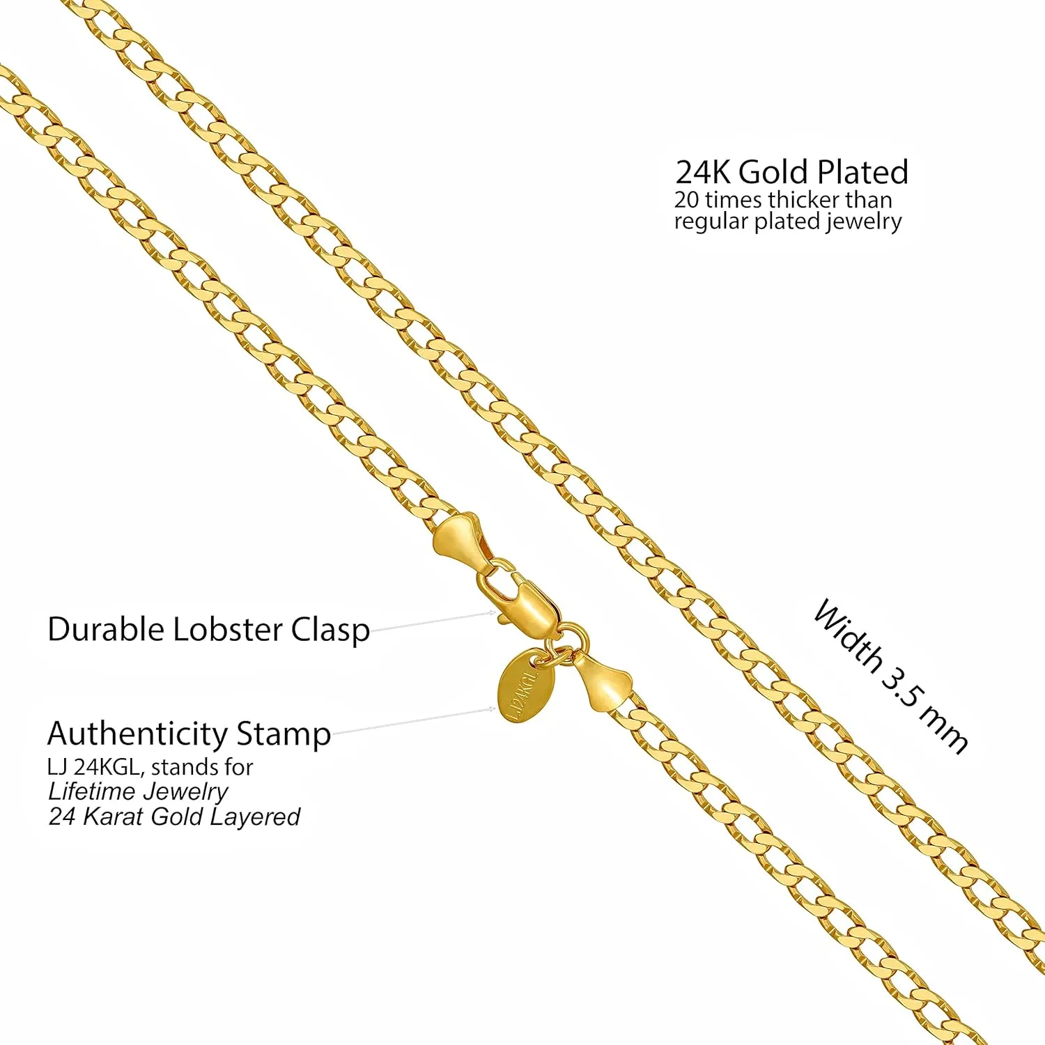 LIFETIME JEWELRY Diamond Cut Edge Curb Link Chain Necklace 24k Real Gold Plated