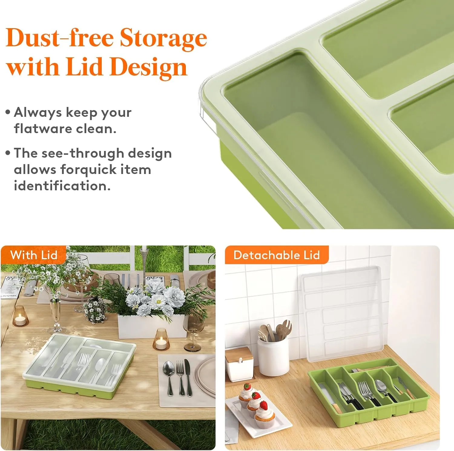 Lifewit Silverware Organizer with Lid, Covered Utensil Tray for Kitchen Drawer and Countertop, Plastic Cutlery and Flatware Storage Box for Spoons Forks Knives Holder Case, 6 Compartments, Green