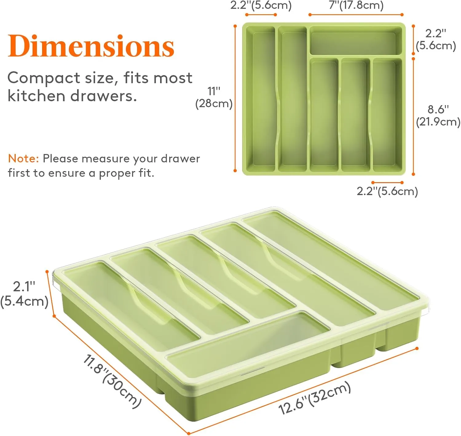 Lifewit Silverware Organizer with Lid, Covered Utensil Tray for Kitchen Drawer and Countertop, Plastic Cutlery and Flatware Storage Box for Spoons Forks Knives Holder Case, 6 Compartments, Green
