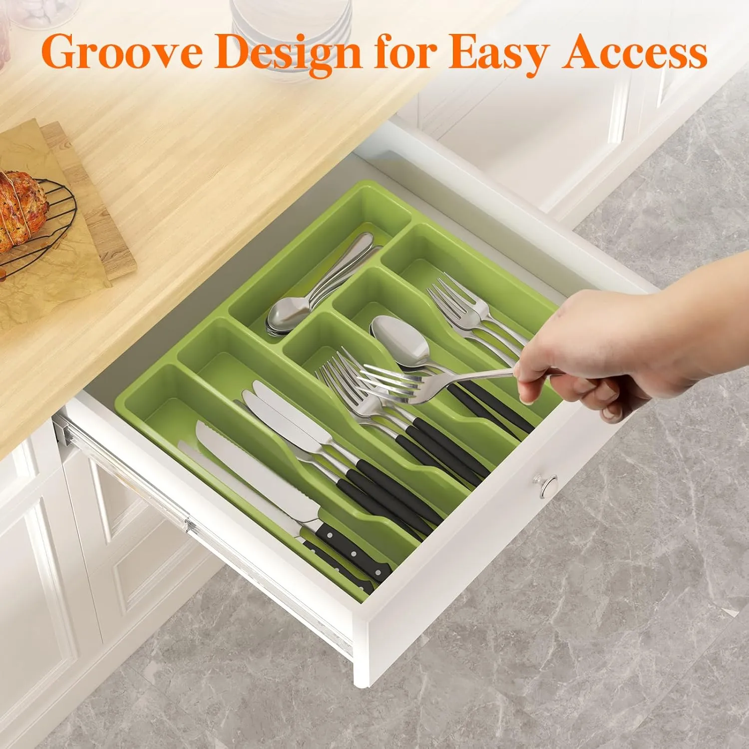 Lifewit Silverware Organizer with Lid, Covered Utensil Tray for Kitchen Drawer and Countertop, Plastic Cutlery and Flatware Storage Box for Spoons Forks Knives Holder Case, 6 Compartments, Green