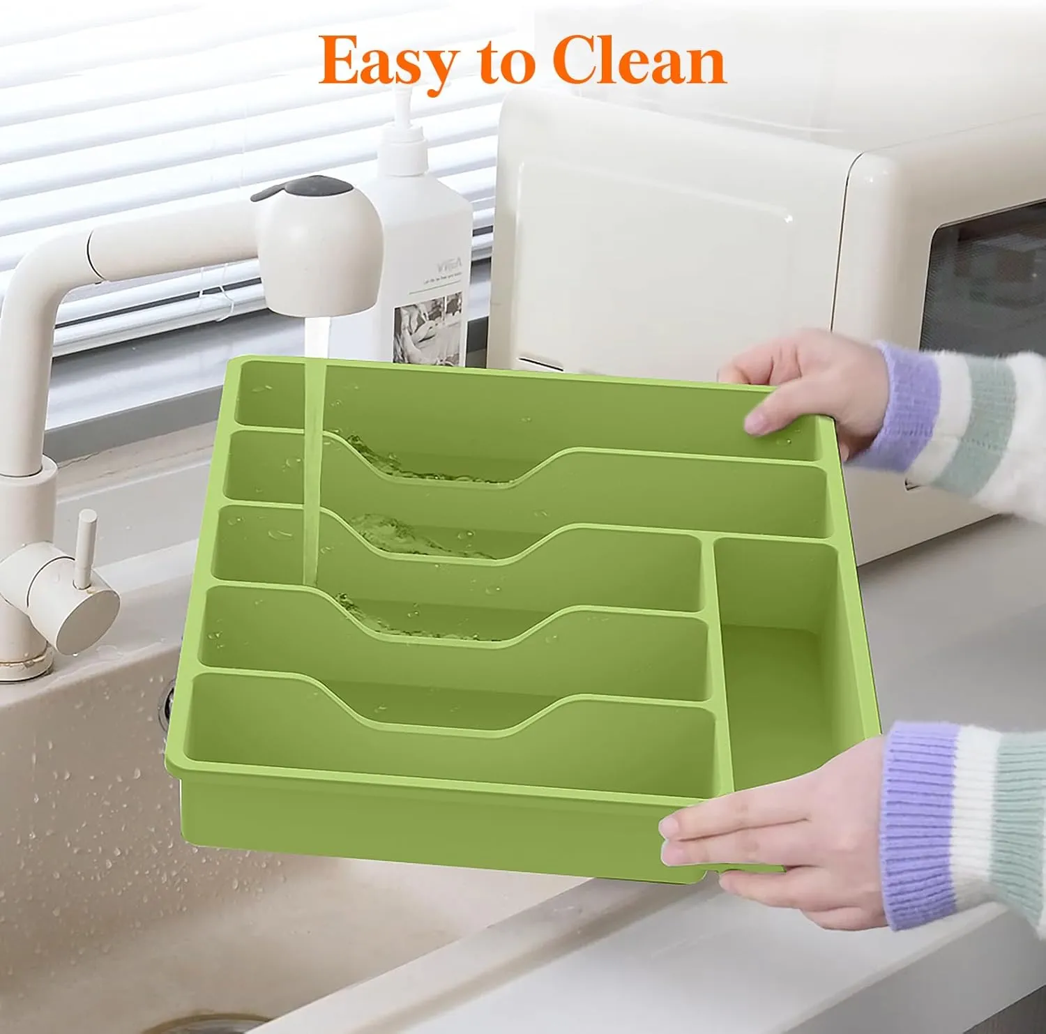 Lifewit Silverware Organizer with Lid, Covered Utensil Tray for Kitchen Drawer and Countertop, Plastic Cutlery and Flatware Storage Box for Spoons Forks Knives Holder Case, 6 Compartments, Green