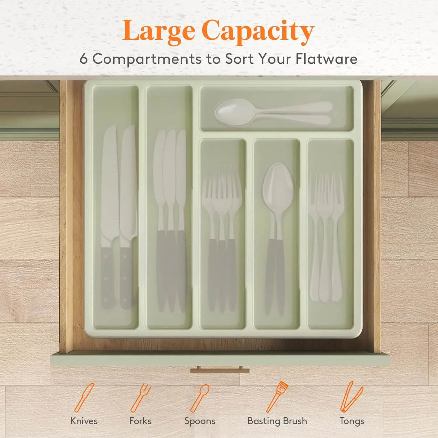 Lifewit Silverware Organizer with Lid, Covered Utensil Tray for Kitchen Drawer and Countertop, Plastic Cutlery and Flatware Storage Box for Spoons Forks Knives Holder Case, 6 Compartments, Green