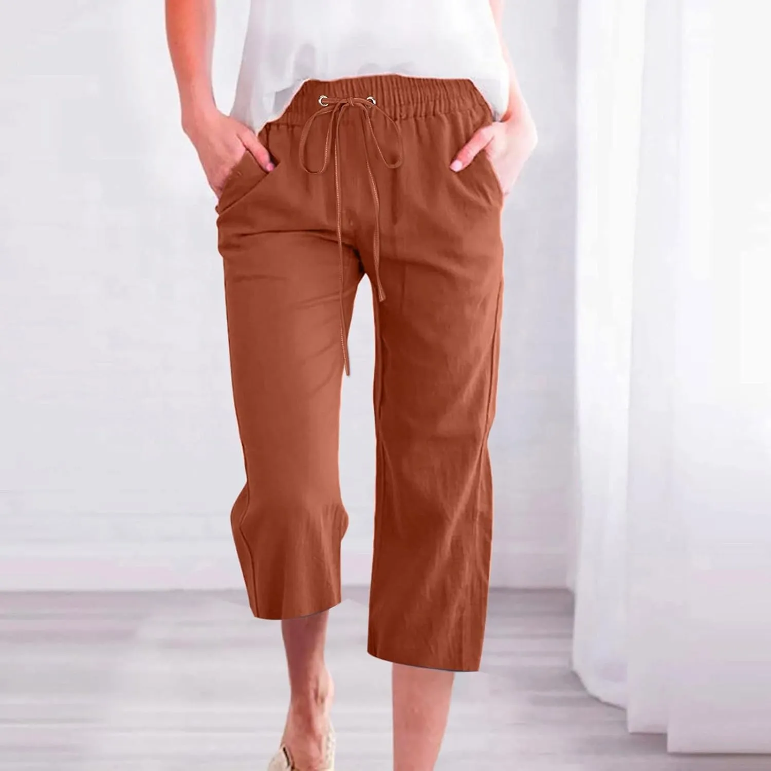 Linen Capri Pants for Women 2025 Summer Cropped Palazzo Pant Drawstring Elastic Waist Trousers Wide Leg Cotton Pants