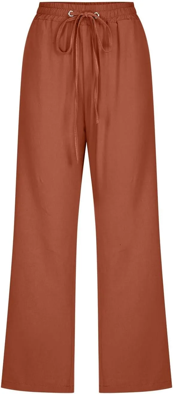 Linen Capri Pants for Women 2025 Summer Cropped Palazzo Pant Drawstring Elastic Waist Trousers Wide Leg Cotton Pants