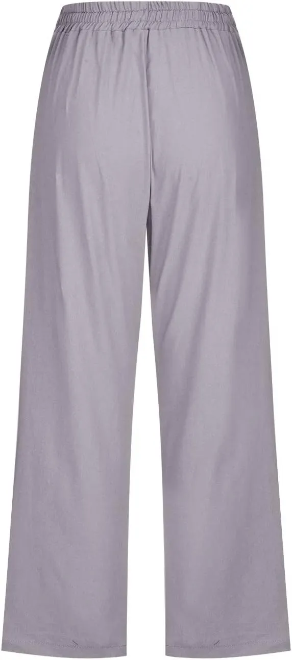 Linen Capri Pants for Women 2025 Summer Cropped Palazzo Pant Drawstring Elastic Waist Trousers Wide Leg Cotton Pants