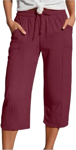 Linen Capri Pants for Women Elastic Waist Straight Leg Lightweight Beach Vacation Capris Summer Casual Lounge Pants