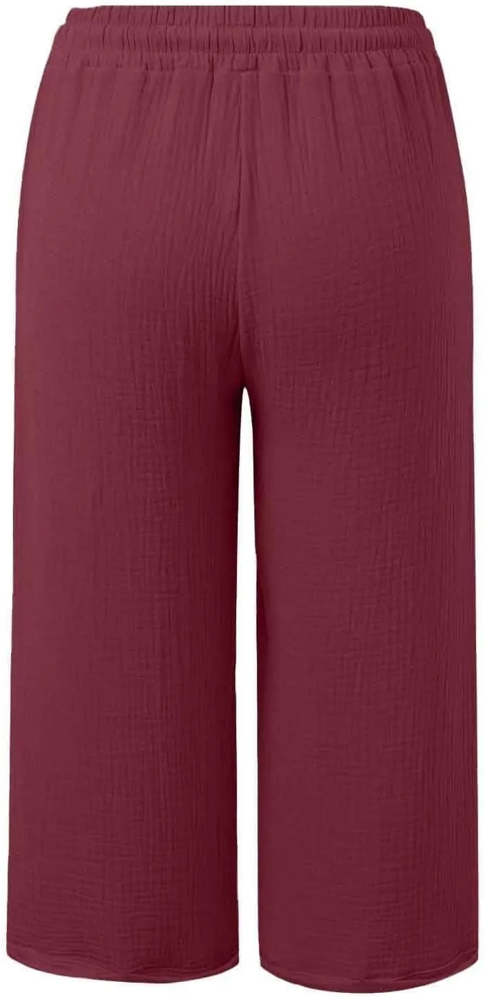 Linen Capri Pants for Women Elastic Waist Straight Leg Lightweight Beach Vacation Capris Summer Casual Lounge Pants