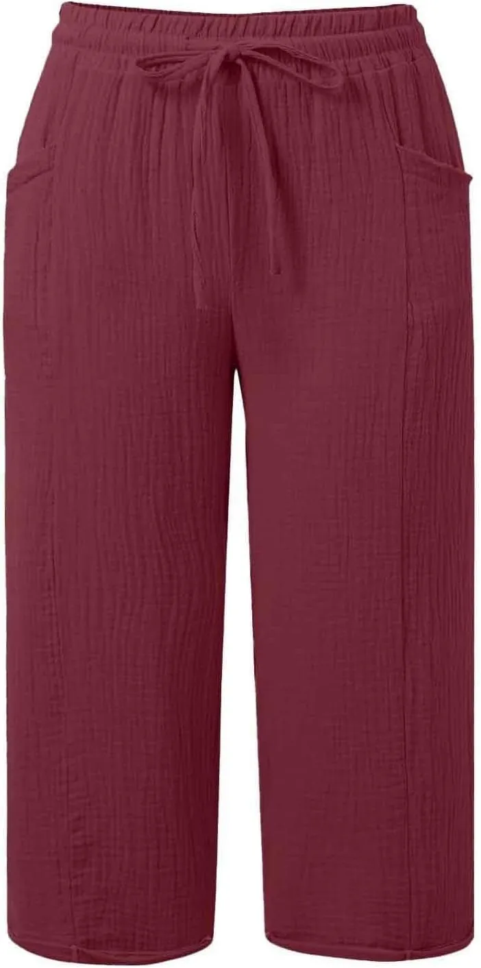 Linen Capri Pants for Women Elastic Waist Straight Leg Lightweight Beach Vacation Capris Summer Casual Lounge Pants