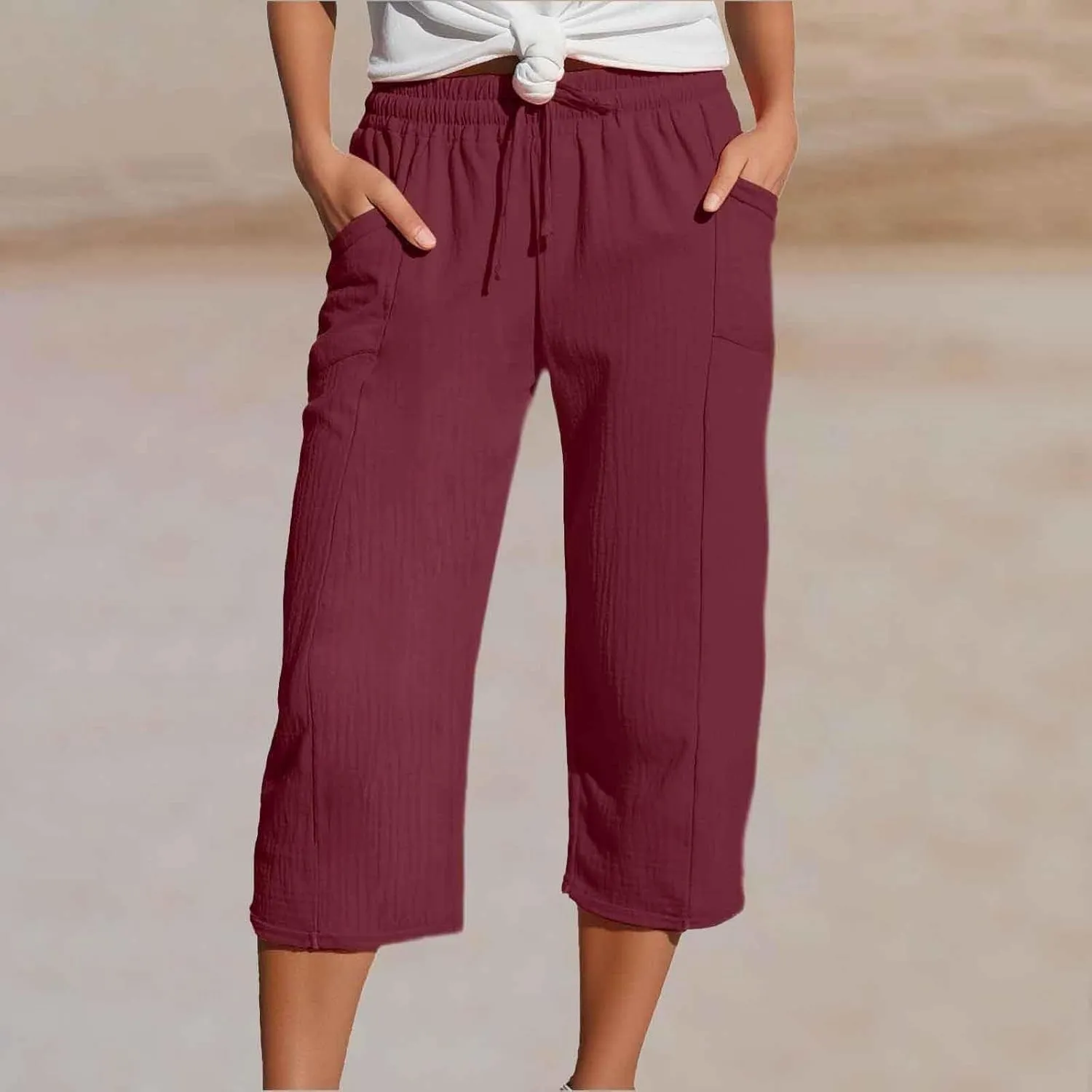 Linen Capri Pants for Women Elastic Waist Straight Leg Lightweight Beach Vacation Capris Summer Casual Lounge Pants