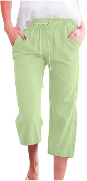 Linen Capri Pants for Women Plus Size Elastic High Waist Wide Leg Lounge Pants Summer Casual Comfy Beach Trousers