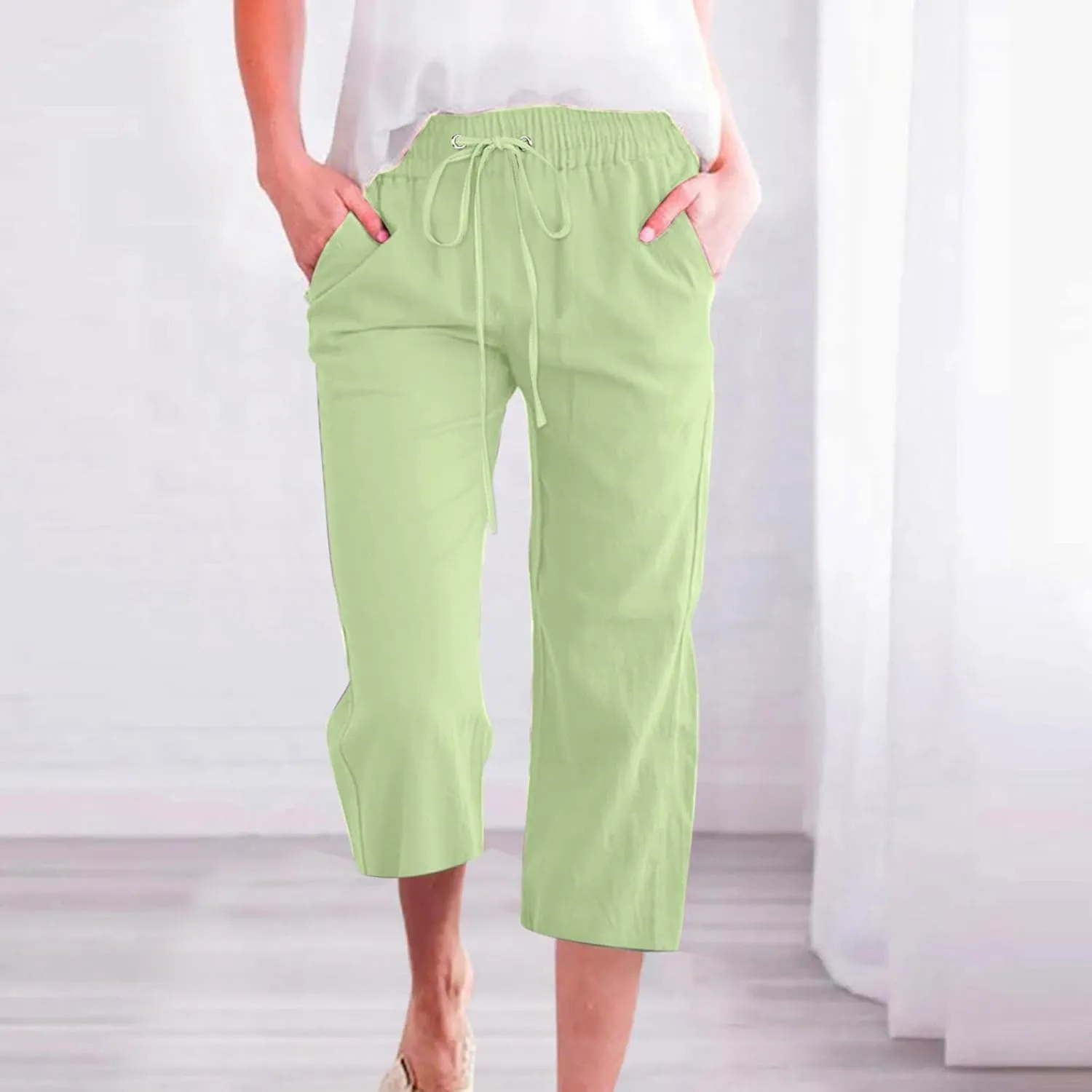 Linen Capri Pants for Women Plus Size Elastic High Waist Wide Leg Lounge Pants Summer Casual Comfy Beach Trousers