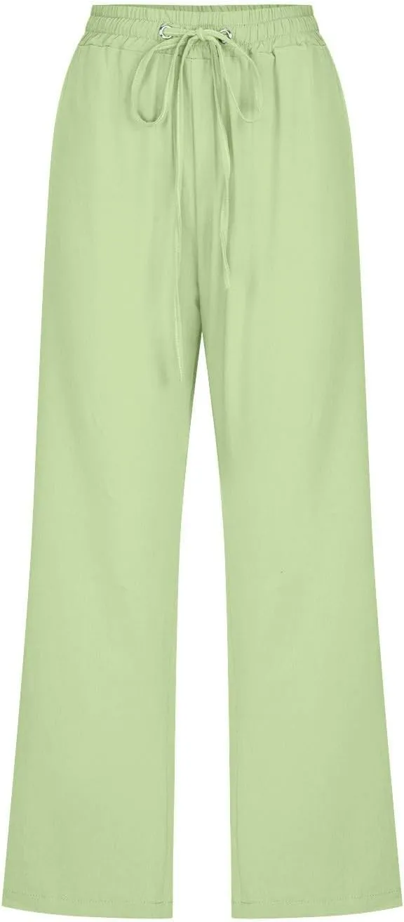 Linen Capri Pants for Women Plus Size Elastic High Waist Wide Leg Lounge Pants Summer Casual Comfy Beach Trousers