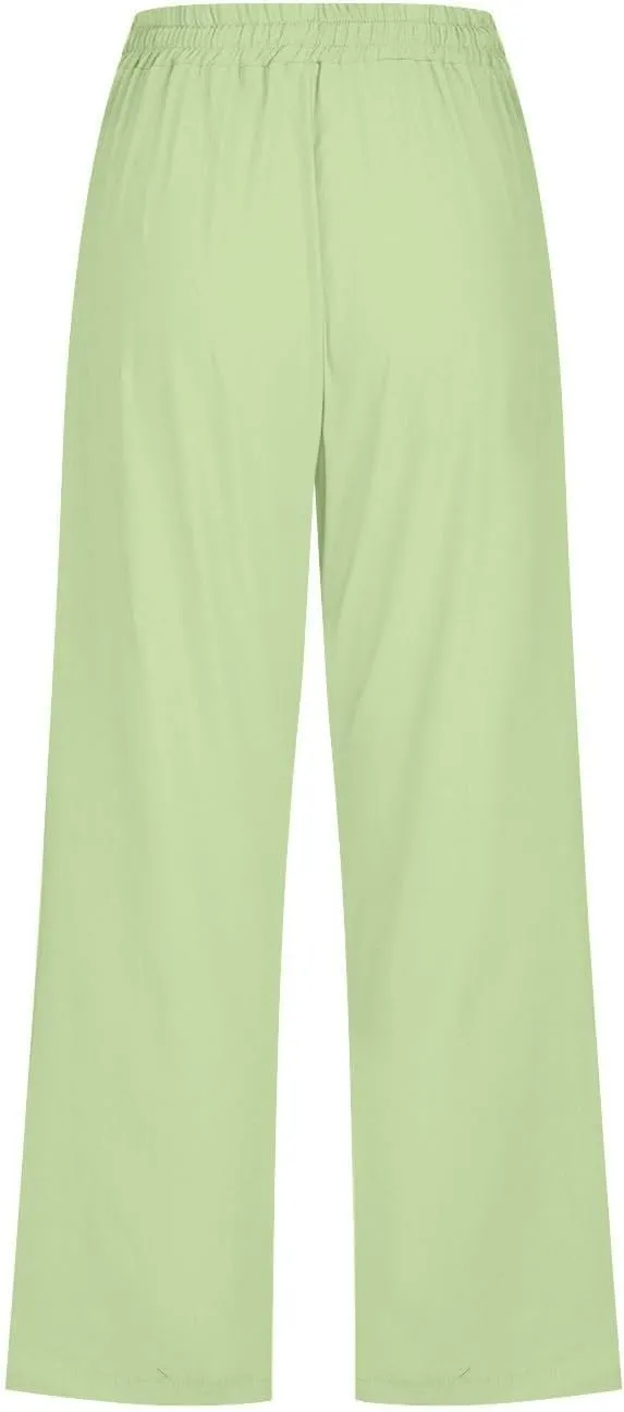 Linen Capri Pants for Women Plus Size Elastic High Waist Wide Leg Lounge Pants Summer Casual Comfy Beach Trousers