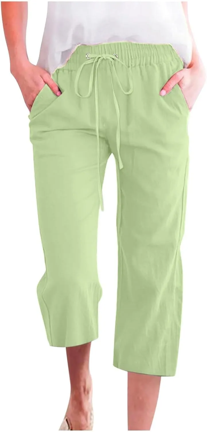 Linen Capri Pants for Women Plus Size Elastic High Waist Wide Leg Lounge Pants Summer Casual Comfy Beach Trousers