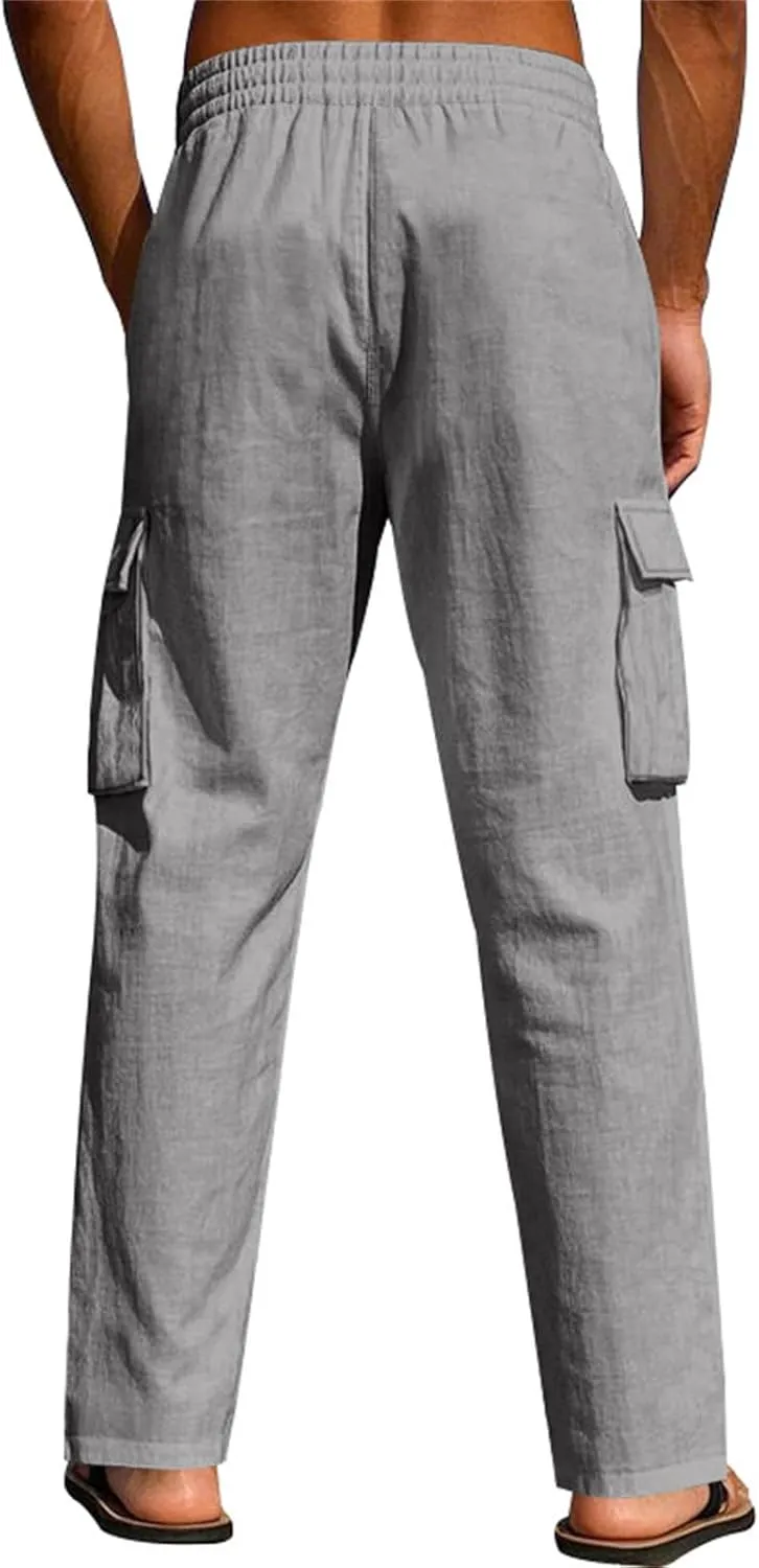 Linen Cargo Pants for Men Summer Casual Elastic Waist Sweatpants Beach Travel Yoga Athletic Pants with Pockets