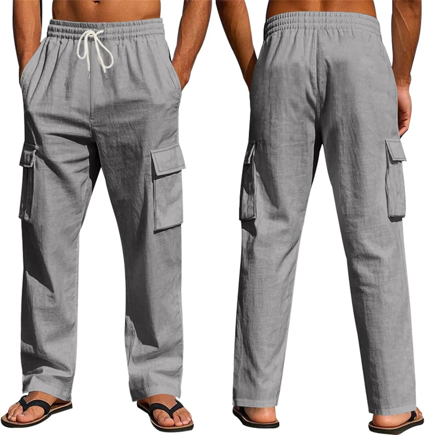 Linen Cargo Pants for Men Summer Casual Elastic Waist Sweatpants Beach Travel Yoga Athletic Pants with Pockets